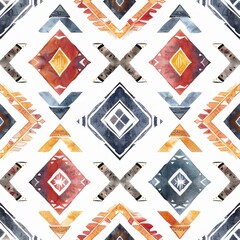 A watercolor seamless Navajo tribal pattern on a white background.