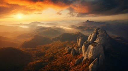 a beautiful landscape with mountains at sunset, sunlight in a dramatic sky with clouds, beautiful nature