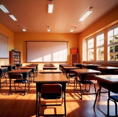 Modern classroom interior, lighty airy room in school for education