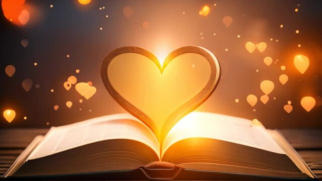 An open book with a heart-shaped topper, representing the amalgamation of love and wisdom, Open book with heart shaped magical pages, AI Generated