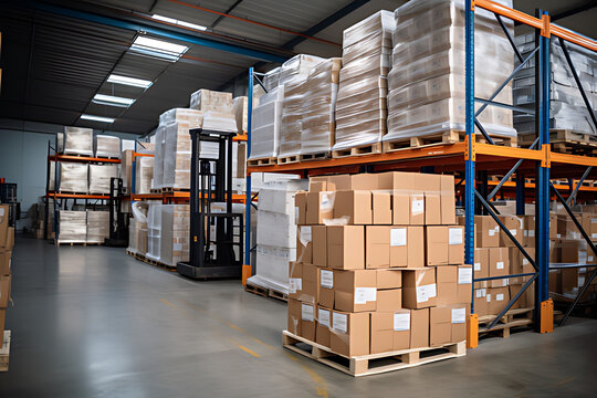 Logistics company, warehouse, cardboard boxes and shelves with parcels. Customs warehouse specialist. Warehouse delivery service. distribution warehouse