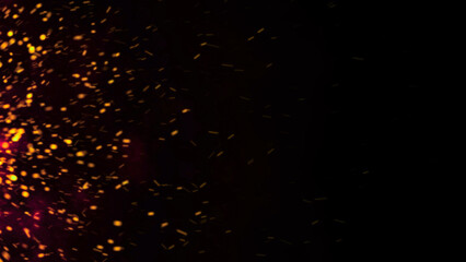 Red Glowing Ember Particles, Dark Glitter Fire Lights Rise Amidst Smoke, Fog, and Misty Texture Over Black Background. Experience the Intensity of Burning Sparks in this Abstract Composition