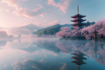 Sakura Blossom Season in Japan: Tranquil Landscape Featuring a Traditional Pagoda and Cherry...