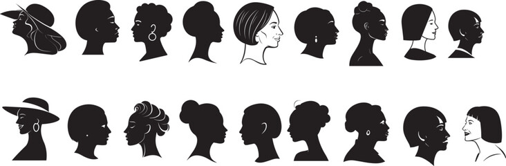 black vector illustration of a woman's head in profile, set 