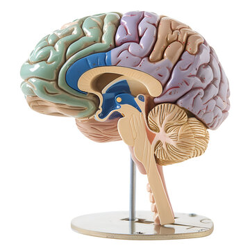Human brain model with a blue Cerebellum, green Cerebrum, purple Thalamus, and yellow Hypothalamus, isolated on a transparent background in PNG format