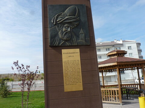 Ankara, October 25, 2015, A monument with a picture of Rumi, one of the Turkish greats, and a short information.