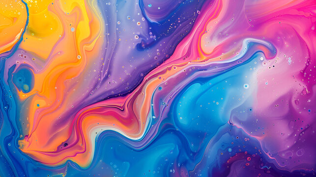 Abstract and psychedelic swirls of liquid paint. Bright acrylic background ,A vibrant and abstract fluid painting with a multitude of colors blending together
