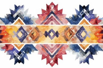 A watercolor seamless Navajo tribal pattern on a white background.