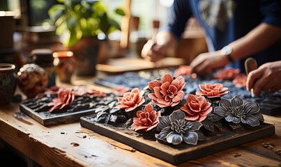 Person Arranging Flowers at Table