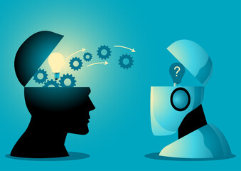 Symbolically portrays a human head transferring knowledge to a robot, concept of AI learning, vector illustration