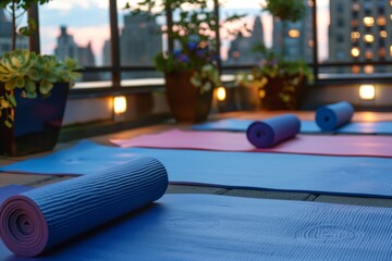 yoga mats laid out, relaxation film, calming city night - obrazy, fototapety, plakaty