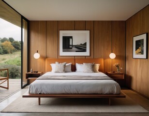 Modern bedroom interior with wooden walls, cozy bed, desk, and framed artwork.
