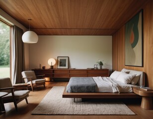 Fototapeta na wymiar Modern bedroom interior with wooden walls, cozy bed, desk, and framed artwork.