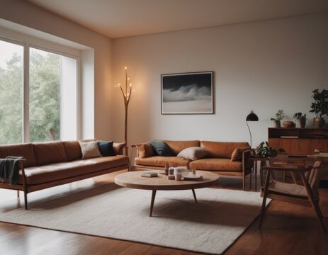 Modern living room interior with leather sofa, coffee table, plants, and artwork on the wall.
