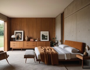 Elegant bedroom interior with wooden walls, a large bed with pillows, bedside lamps, and a framed landscape painting.