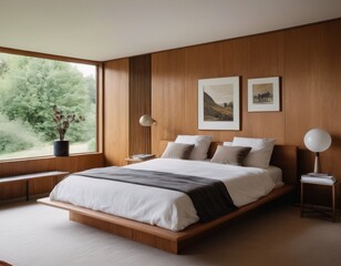 Modern bedroom interior with a large bed, framed artwork, and a wooden chair by the window.