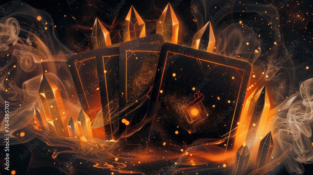 Wall mural Glowing magic cards on fire background. Future reading concept.