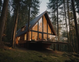 Modern A-frame cabin in a forest setting with large windows and a deck, surrounded by tall trees.