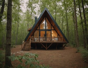 A-frame house nestled in a forest with large windows and a cozy porch, surrounded by lush greenery.