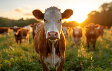 Curious young calf looking at the camera while standing in grassy pasture during sunset