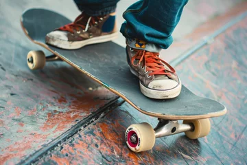 Abwaschbare Fototapete skateboard under teenagers feet during a wallride trick © primopiano