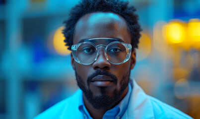 Portrait of confident young scientist wearing glasses and lab coat in modern laboratory