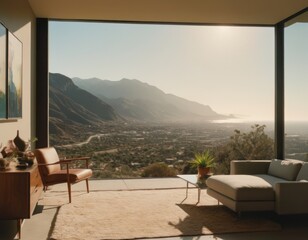 Fototapeta na wymiar Modern living room with large windows offering a panoramic view of mountains at sunset.