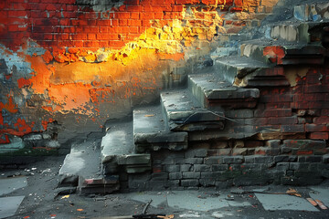 A brick wall with a staircase in front of it