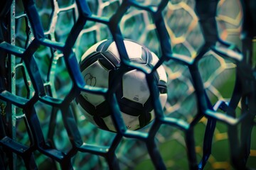 soccer ball visible through hexagonal net pattern - 764596913