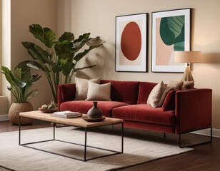 Modern living room interior with red sofa, coffee table, decorative plants, and framed wall art.