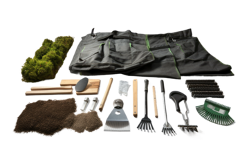 Gardeners Dream: Shovel, Rakes, and Bag Set. On White or PNG Transparent Background..