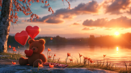  A charming scene of a teddy bear and a horse standing together under a starry sky, the bear holding a red heart balloon - Powered by Adobe