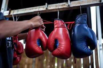 person lacing up boxing gloves hanging on a rack - obrazy, fototapety, plakaty