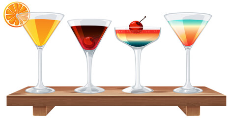 Assorted cocktails in elegant glasses on display