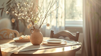 Easter table decorated with Easter eggs in a natural style. beautiful easter decorations - obrazy, fototapety, plakaty