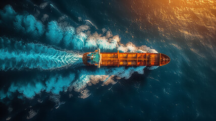 A large ship is sailing through the ocean with a blue sky in the background - obrazy, fototapety, plakaty