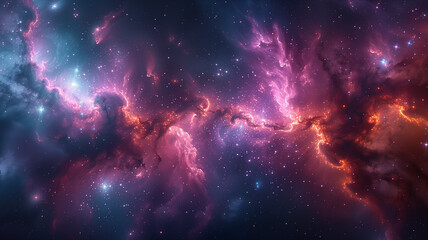 A colorful galaxy with a purple and orange cloud in the middle - obrazy, fototapety, plakaty