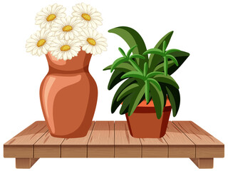 Vector illustration of flowers and plant on shelf