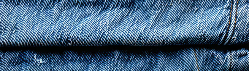 Close-up of denim fabric showing detailed texture and frayed edges - obrazy, fototapety, plakaty