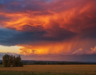 Fototapeta na wymiar Dramatic sunset with fiery clouds over a serene countryside landscape.