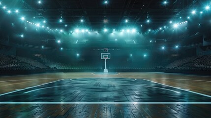 Empty basketball court, sports field, stadium with flashlights