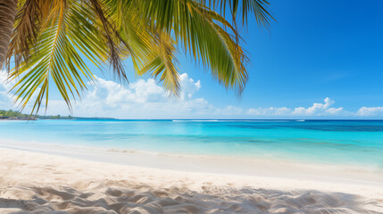 Tropical beach. Summer vacation on a tropical island with beautiful beach and palm trees. Tropical...