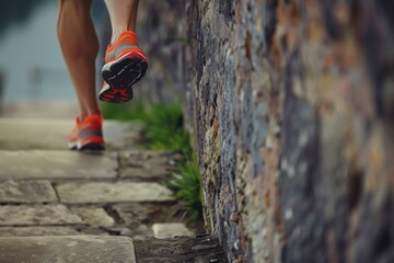 runner tiptoeing along a wall edge - 764599125