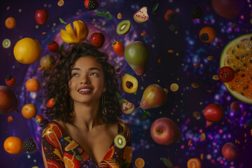 Smiling beautiful girl in sarong dress dark skin with curly hair is surrounded by various fruits melon, mango strawberry, plum, orange, watermelon, apple, grape, lemon, background is purple and pink 