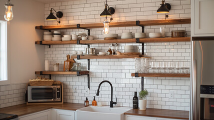 Farmhouse kitchen interior with open shelving and classic subway tiles
