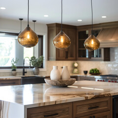 Fototapeta na wymiar Warm Wooden Kitchen Interior with Golden Pendant Lights and Contemporary Style