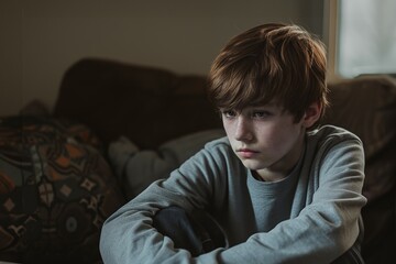 Obraz premium Depressed 15 years old teenager boy, sad and unhappy, sitting on a sofa. Depression danger.