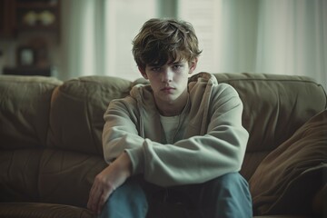 Obraz premium Depressed 15 years old teenager boy, sad and unhappy, sitting on a sofa. Depression danger.