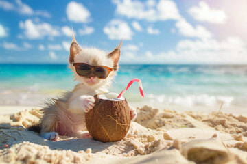
Cute little kitten with sunglasses on the beach with paws on a coconut in the background sea,...