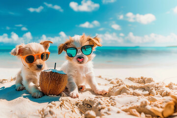 Two little dogs with sunglasses on the beach with their feet on a coconut in the background you can see the sea, the ocean